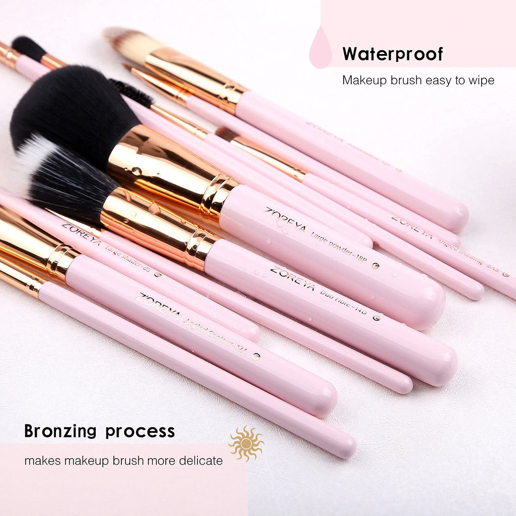 12-Piece Pink Synthetic Makeup Brush Set with Travel Holder and Organizer, Including Foundation, Powder, Contour, Blush, Eye Brushes, and Bonus Makeup Sponge
