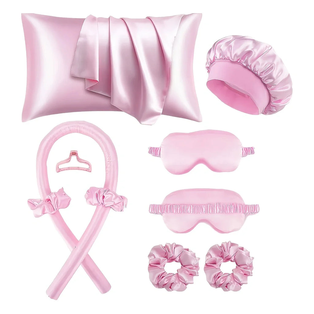 10 pieces of sleep hairstyle design tool set, curling iron and facial massager, 1 pillowcase suitable for hair and skin queen se