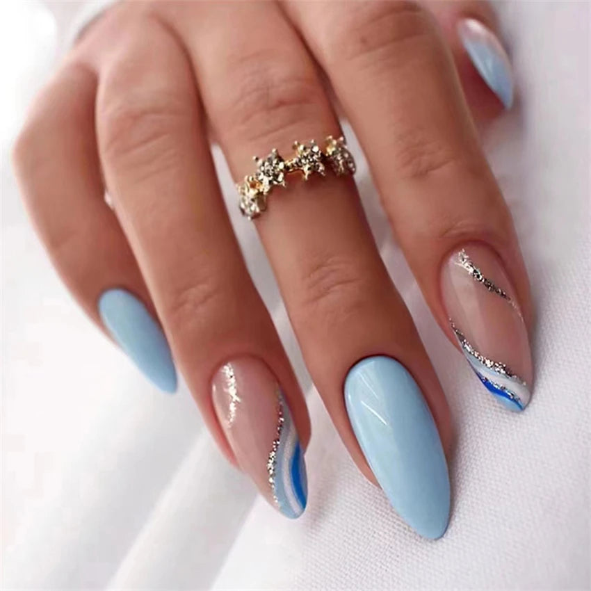 24P/Set Medium-length Almond Press on Nails Wearable False Nails Simple Green Leaves Dark Green Temperament Sweet Cool Nails Art