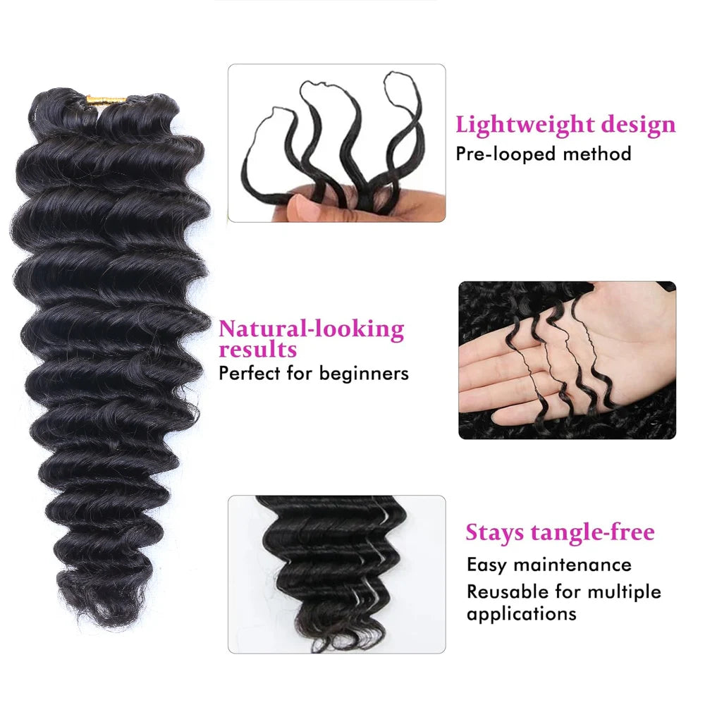 Deep Wave Feather Crochet Braid Natural Black Human Hair Extensions Deep Wave Feather Human Crochet Hair For Women Pre-Separated & Pre-Fluffed Feather Crochet 100% Human Hair Extensions Soft Natural Look Lightweight & Tangle-Free