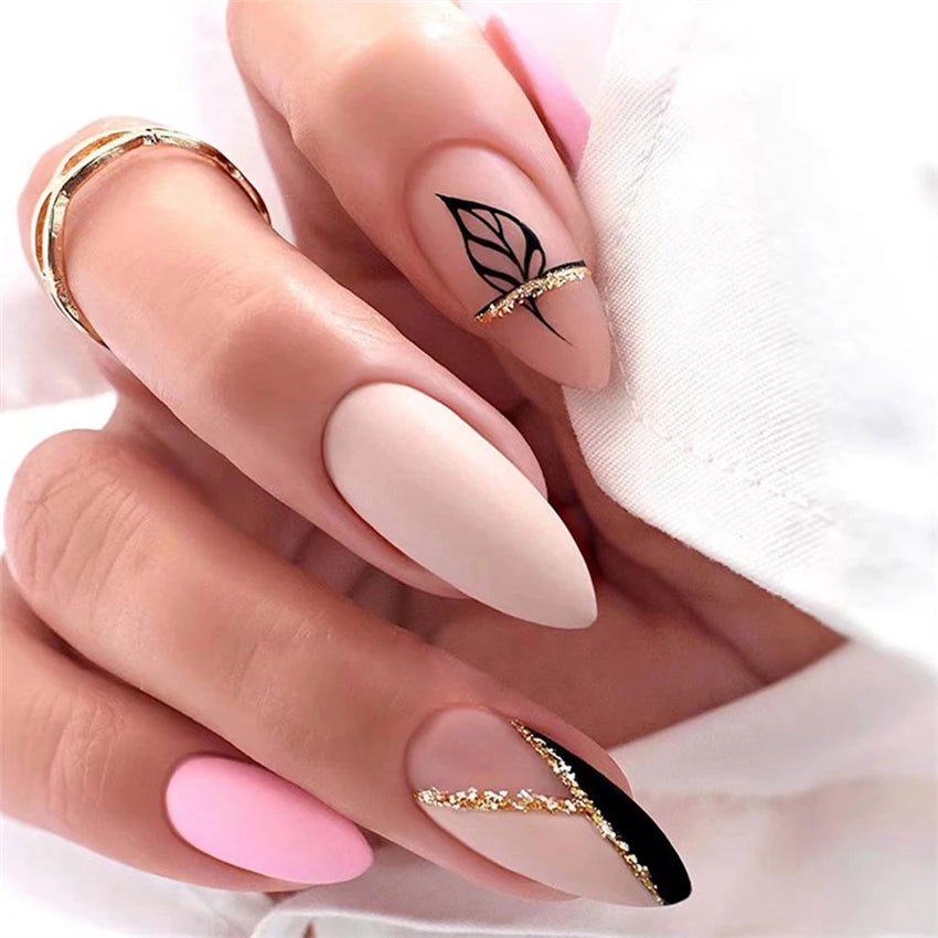 24P/Set Medium-length Almond Press on Nails Wearable False Nails Simple Green Leaves Dark Green Temperament Sweet Cool Nails Art