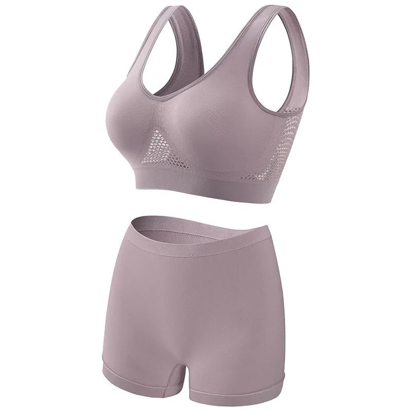Women's Mesh Breathable Wireless Sports Bra Set Push Up Yoga Bra High Waist Shorts Seamless Workout Lingerie for Gym Running