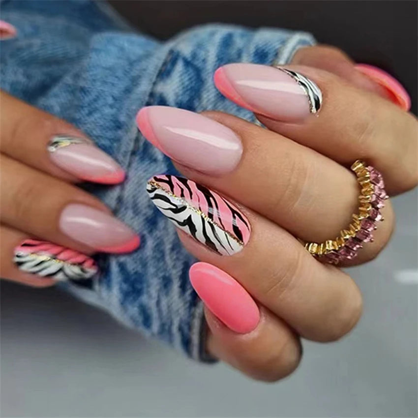 24P/Set Medium-length Almond Press on Nails Wearable False Nails Simple Green Leaves Dark Green Temperament Sweet Cool Nails Art
