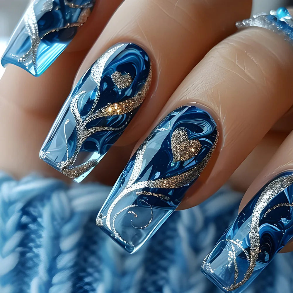 24pcs Blue Press on Nails Spicy Girl Gold Stripes Mid-length Ballet Nails Tips Sets Wearable Love Design Square Coffin Fake Nail