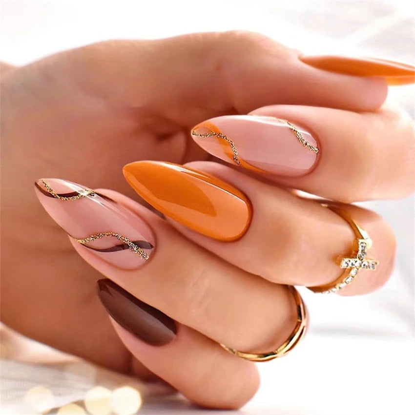 24P/Set Medium-length Almond Press on Nails Wearable False Nails Simple Green Leaves Dark Green Temperament Sweet Cool Nails Art