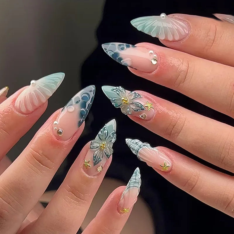 24pcs Wearable Press on Nails Sets Gradient Blue Long Almond False Nails Art with Bow Love Lines Design Fake Nail Tips Manicure