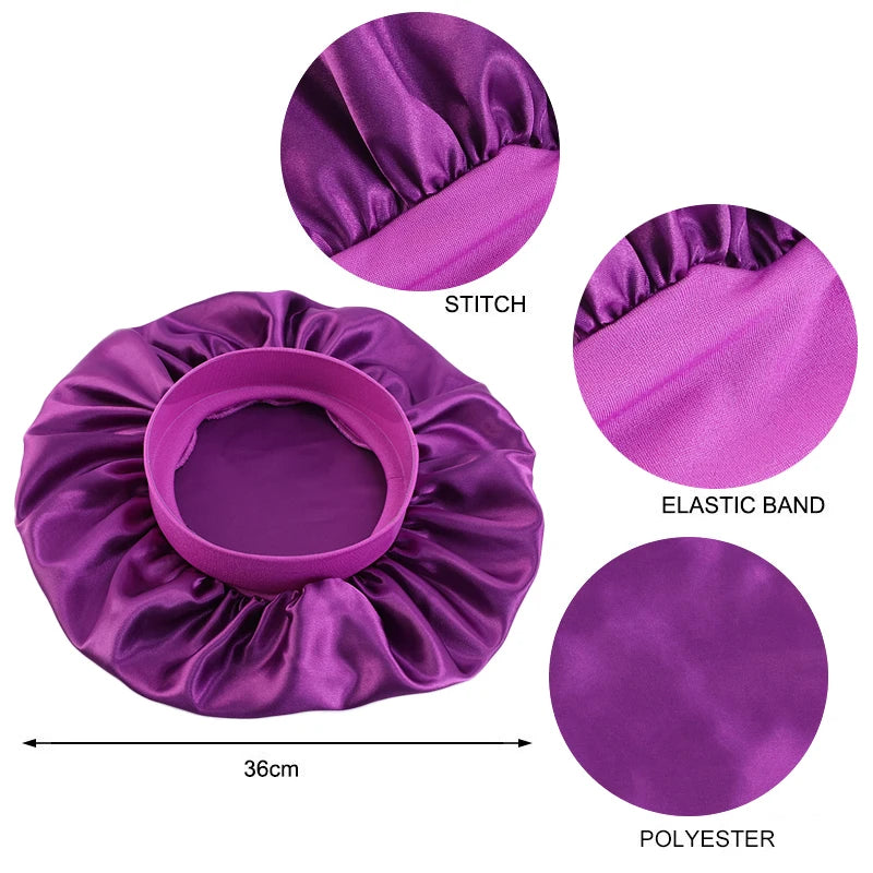 2PCS/LOT Women's Satin Solid Bonnets Head Cover Elastic Band Cap Wide-brimmed Night Sleeping Bathing Hat Hair Care Bonnet