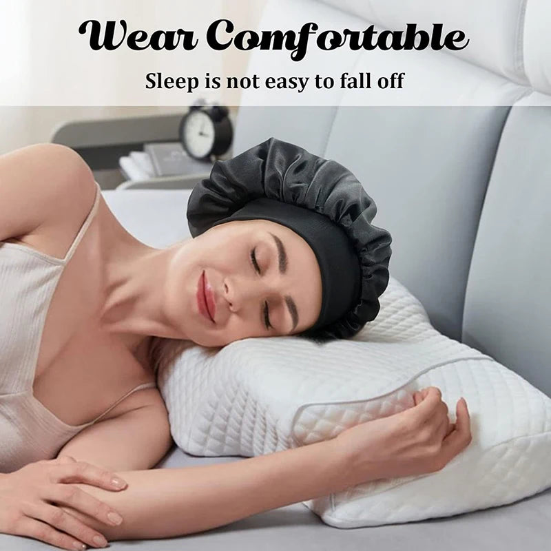 2PCS/LOT Women's Satin Solid Bonnets Head Cover Elastic Band Cap Wide-brimmed Night Sleeping Bathing Hat Hair Care Bonnet