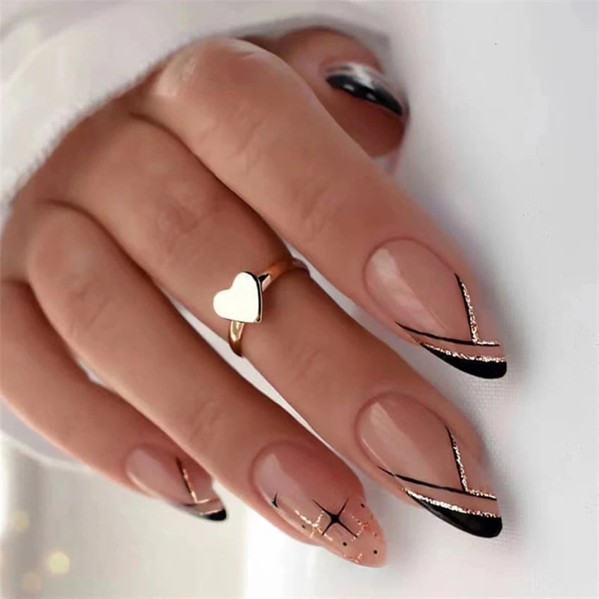 24P/Set Medium-length Almond Press on Nails Wearable False Nails Simple Green Leaves Dark Green Temperament Sweet Cool Nails Art