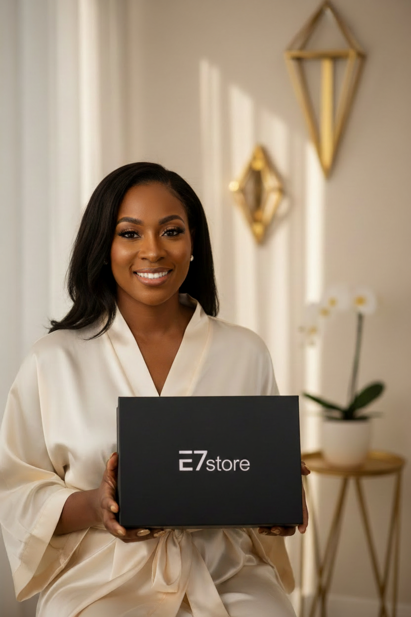 Beautiful woman holding E7store box