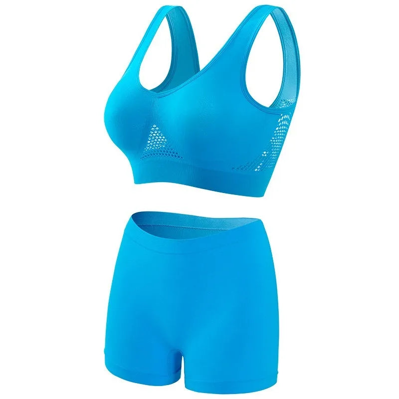 Women's Mesh Breathable Wireless Sports Bra Set Push Up Yoga Bra High Waist Shorts Seamless Workout Lingerie for Gym Running