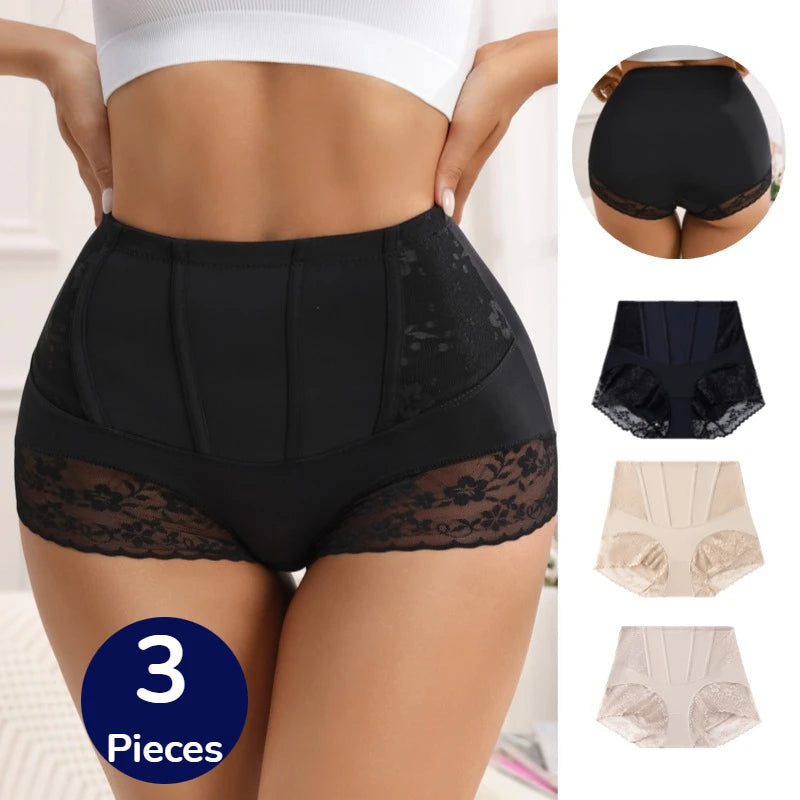 WarmSteps 3PCS Women's Shaper Panties High-Waist Lace Sexy Lingerie Abdominal Tightener Female Briefs Fishbone Waist SlimmingHot