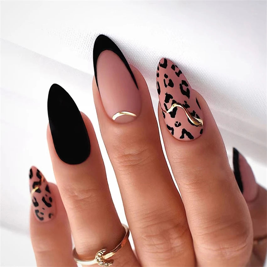 24P/Set Medium-length Almond Press on Nails Wearable False Nails Simple Green Leaves Dark Green Temperament Sweet Cool Nails Art