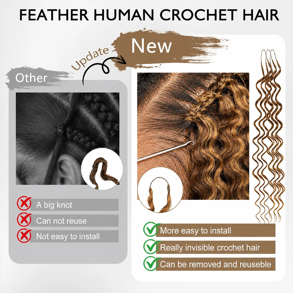 Feather Highlight Crochet Human Hair Burmese Curly Miracle Knots Soft Natural Braiding Hair Extensions For Black Women Full Ends