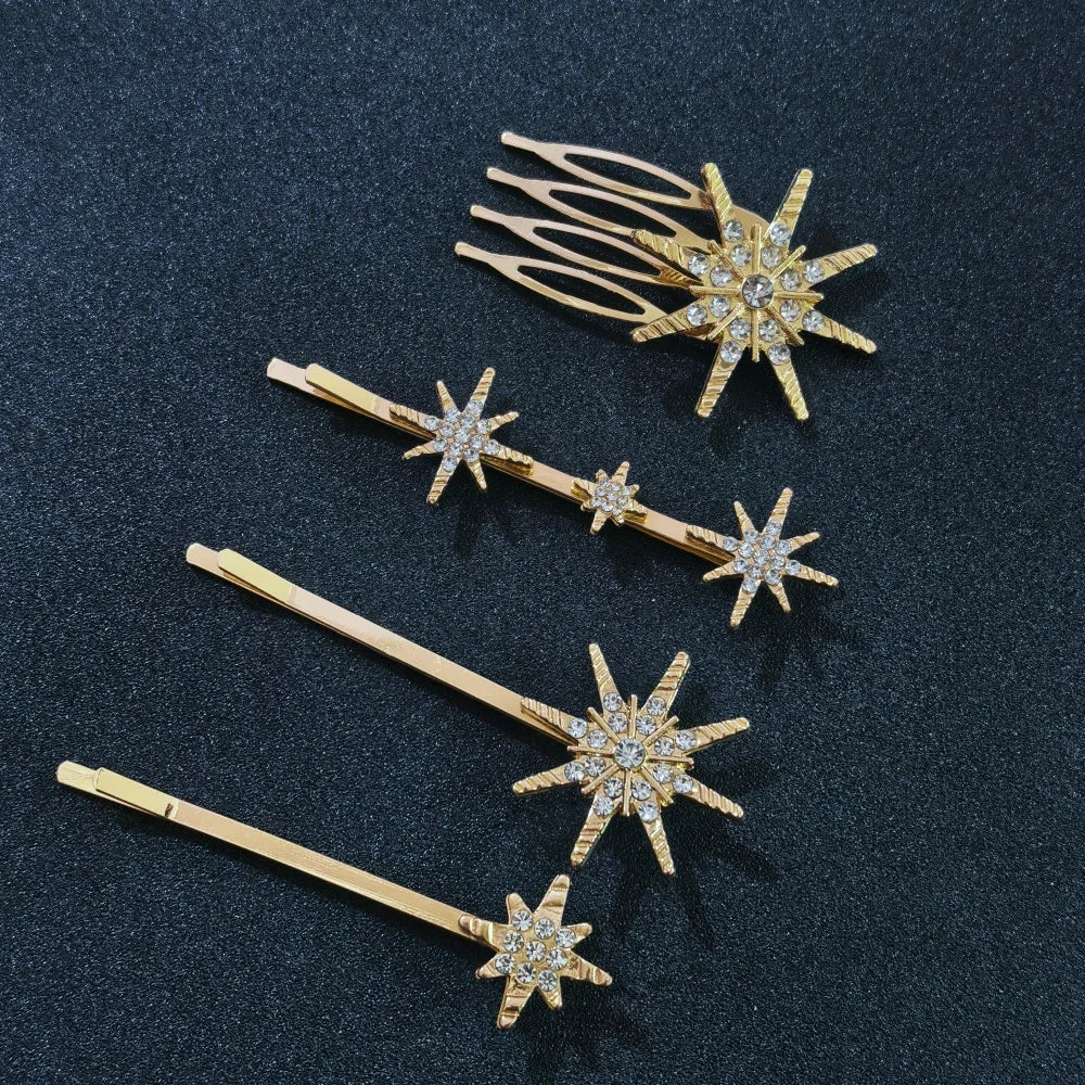 3/4 Pcs Set Crystal Star Hairpins for Women Girls Metal Hair Clip Pins Luxury Female Hair Pins Wedding Bridal Hair Accessories