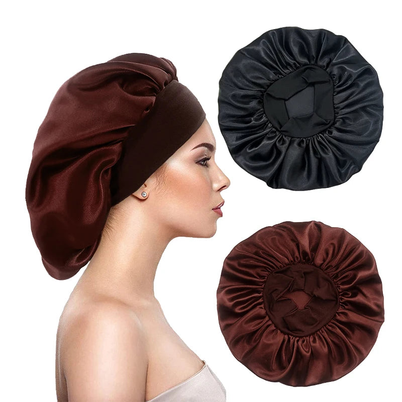 2PCS/LOT Women's Satin Solid Bonnets Head Cover Elastic Band Cap Wide-brimmed Night Sleeping Bathing Hat Hair Care Bonnet