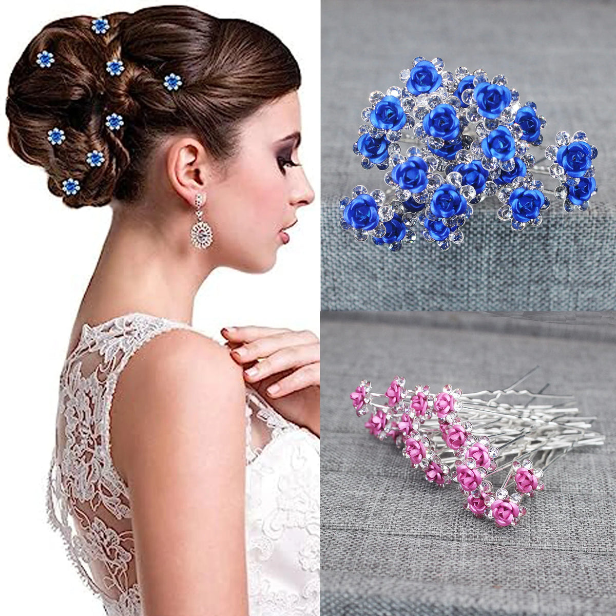 20PCS Rose Flower Rhinestone Hairpins Crystal Hair Clip Pins for Bridal Wedding Party Daily Wear Women Hair Accessories