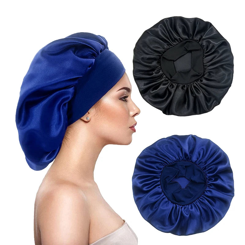 2PCS/LOT Women's Satin Solid Bonnets Head Cover Elastic Band Cap Wide-brimmed Night Sleeping Bathing Hat Hair Care Bonnet
