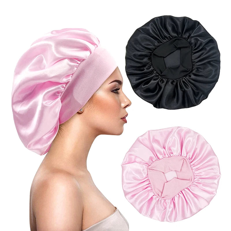 2PCS/LOT Women's Satin Solid Bonnets Head Cover Elastic Band Cap Wide-brimmed Night Sleeping Bathing Hat Hair Care Bonnet