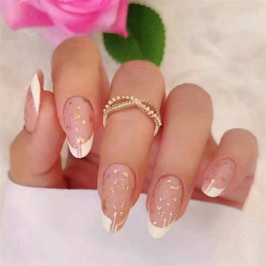 24P/Set Medium-length Almond Press on Nails Wearable False Nails Simple Green Leaves Dark Green Temperament Sweet Cool Nails Art