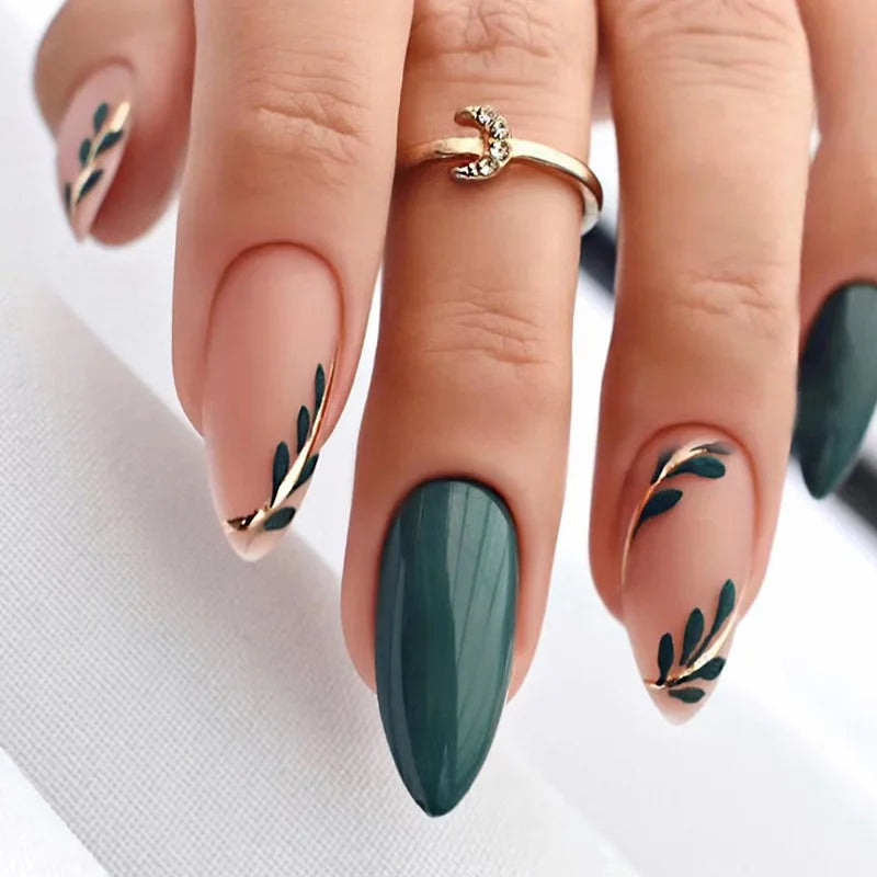 24P/Set Medium-length Almond Press on Nails Wearable False Nails Simple Green Leaves Dark Green Temperament Sweet Cool Nails Art