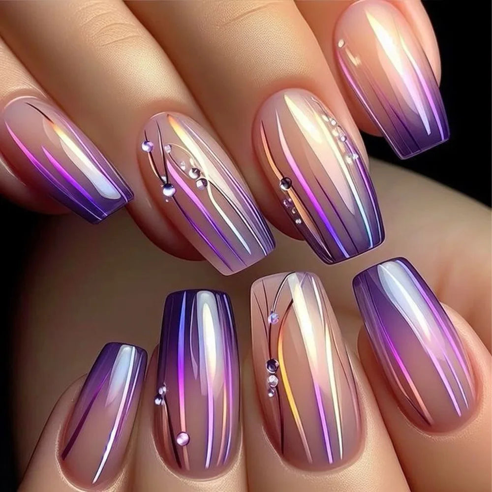 24pcs Blue Press on Nails Spicy Girl Gold Stripes Mid-length Ballet Nails Tips Sets Wearable Love Design Square Coffin Fake Nail