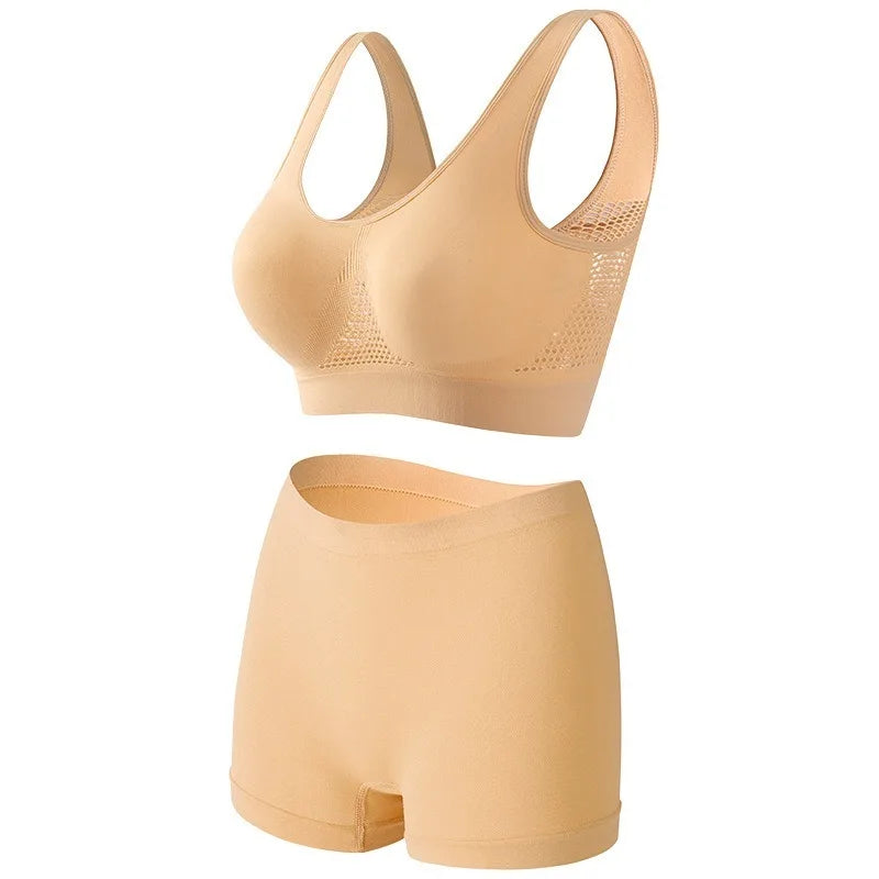 Women's Mesh Breathable Wireless Sports Bra Set Push Up Yoga Bra High Waist Shorts Seamless Workout Lingerie for Gym Running