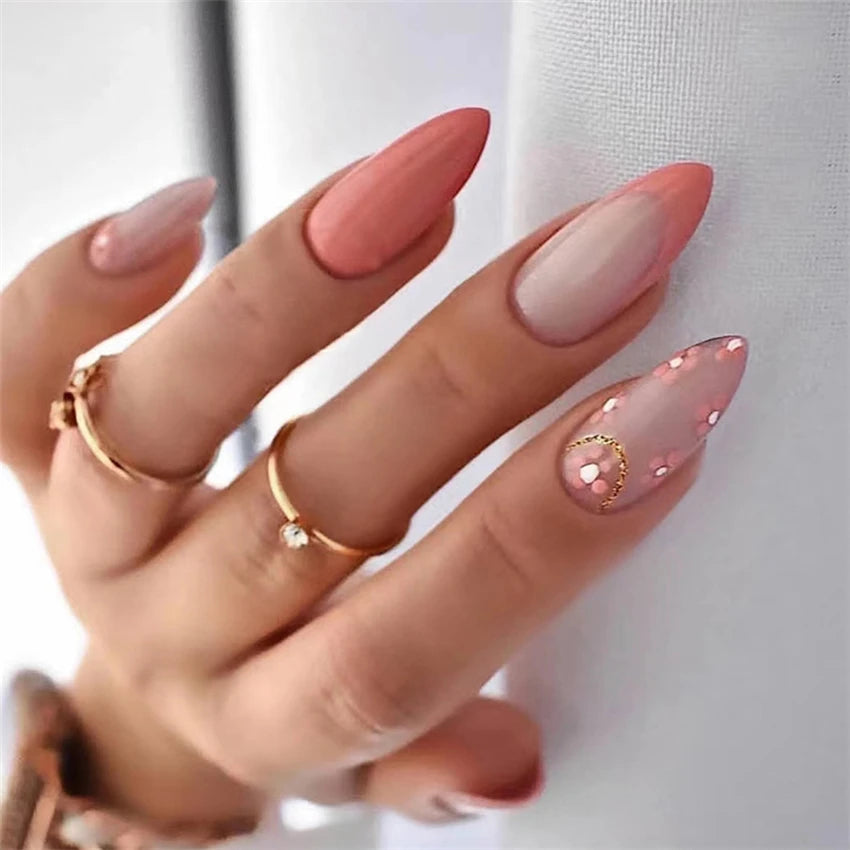 24P/Set Medium-length Almond Press on Nails Wearable False Nails Simple Green Leaves Dark Green Temperament Sweet Cool Nails Art