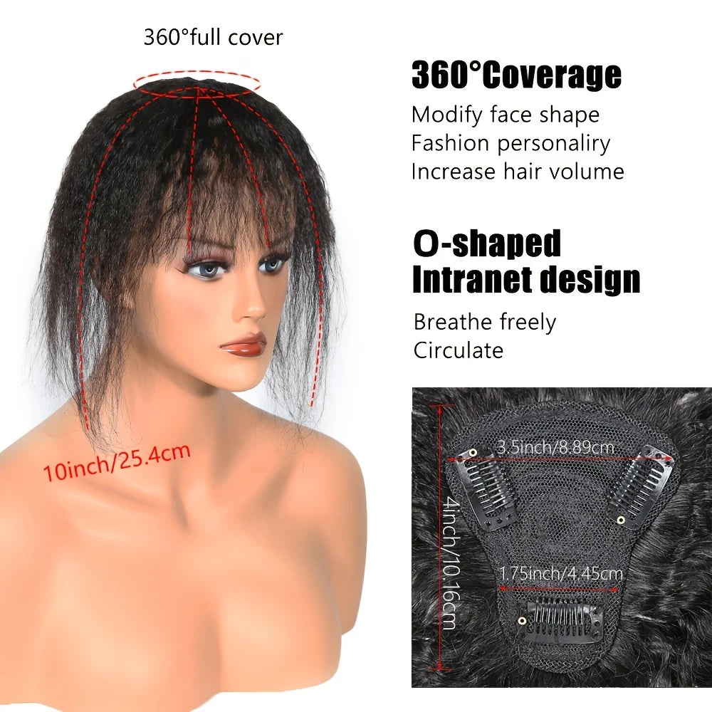 Kinky Straight Topper Hair with Bangs Hair Piece Invisible Clips In wig pieces Women Toupee Extensions,T-Shaped Intranet Design