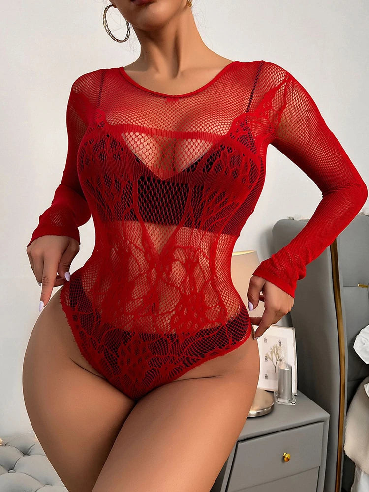 Women's One-pieces Body Suits Fashion Tight Lingerie Clothes Ladies Erotic See Through Hollow Jumpsuit Mesh Slim Bodysuits