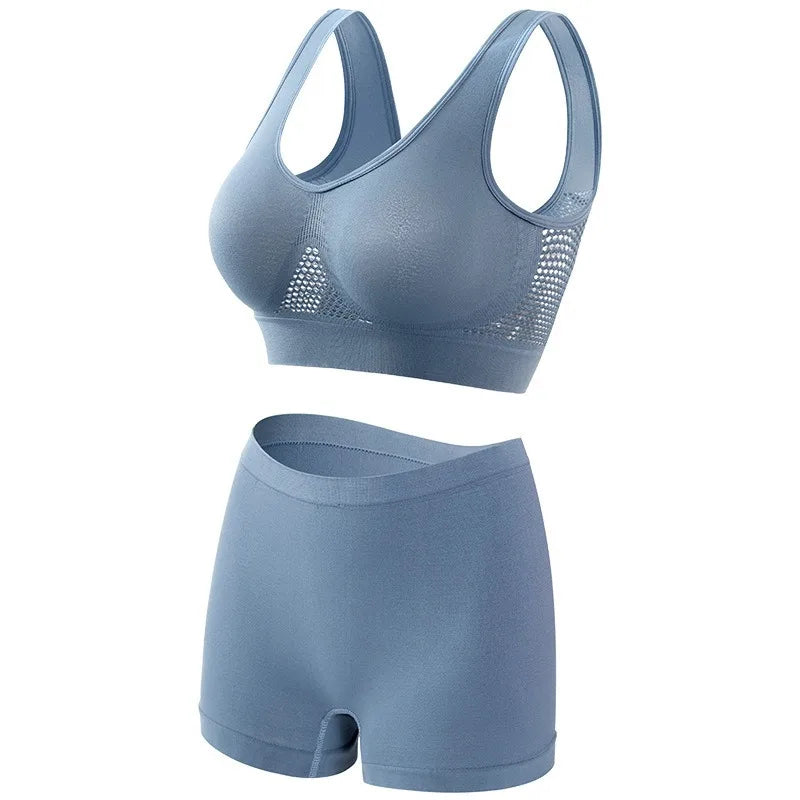 Women's Mesh Breathable Wireless Sports Bra Set Push Up Yoga Bra High Waist Shorts Seamless Workout Lingerie for Gym Running