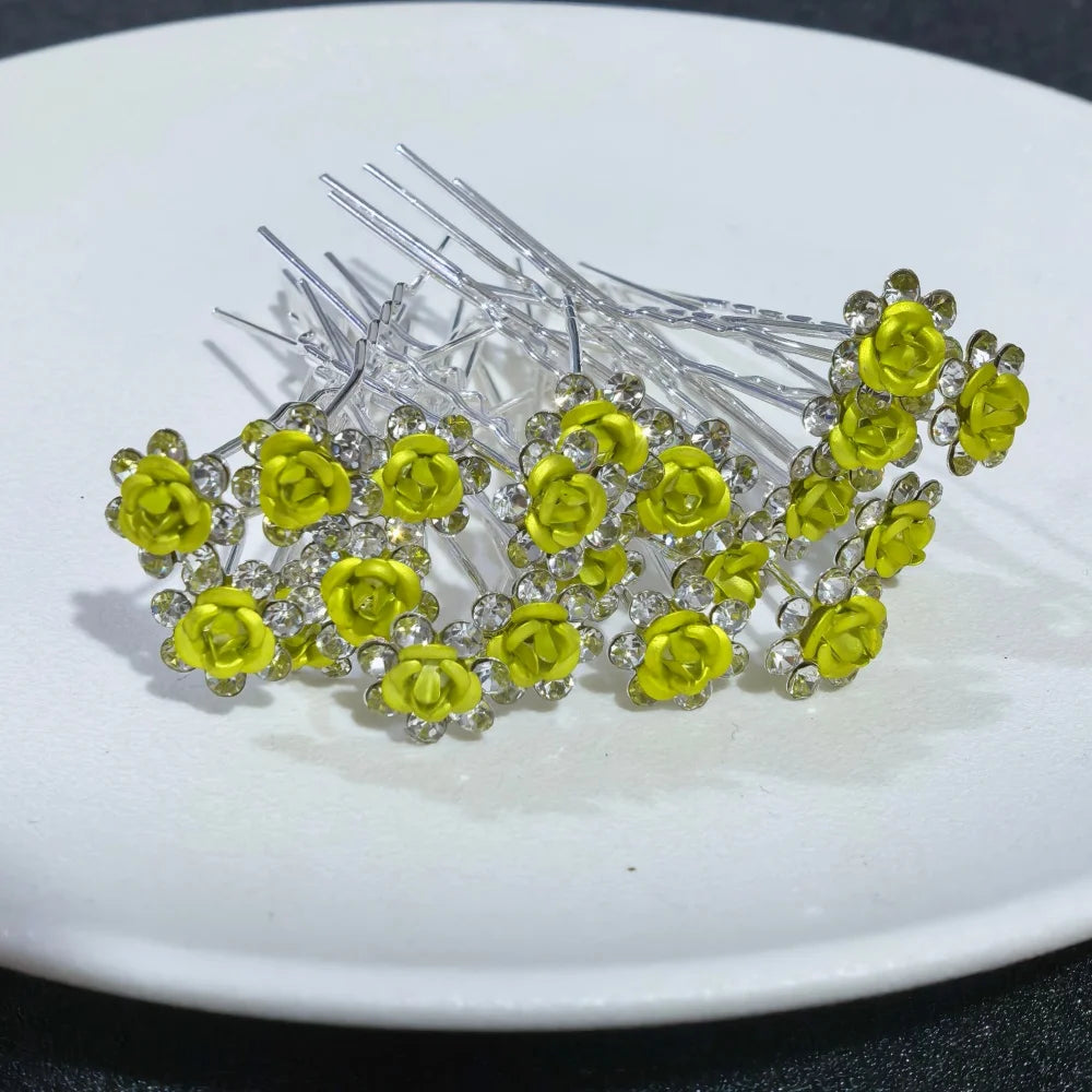 20PCS Rose Flower Rhinestone Hairpins Crystal Hair Clip Pins for Bridal Wedding Party Daily Wear Women Hair Accessories