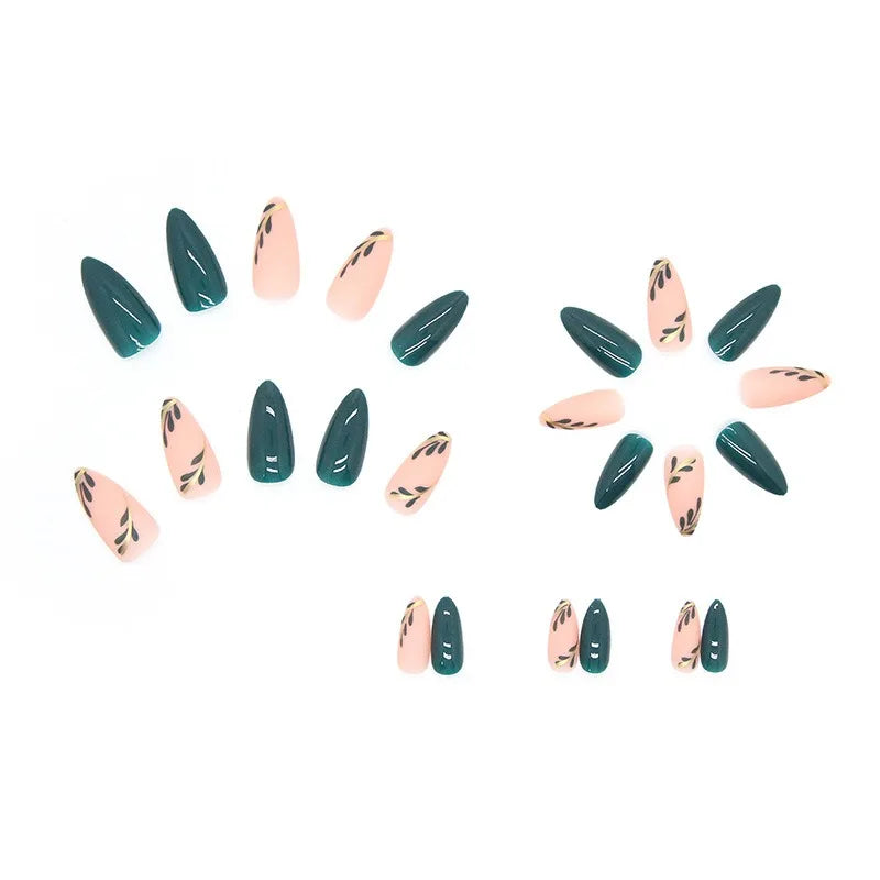 24P/Set Medium-length Almond Press on Nails Wearable False Nails Simple Green Leaves Dark Green Temperament Sweet Cool Nails Art