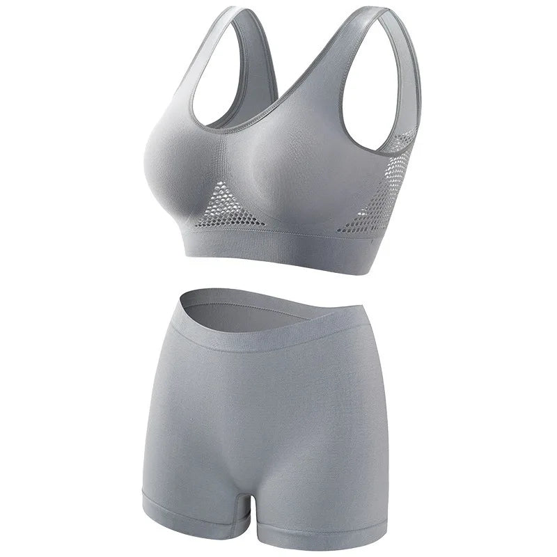 Women's Mesh Breathable Wireless Sports Bra Set Push Up Yoga Bra High Waist Shorts Seamless Workout Lingerie for Gym Running