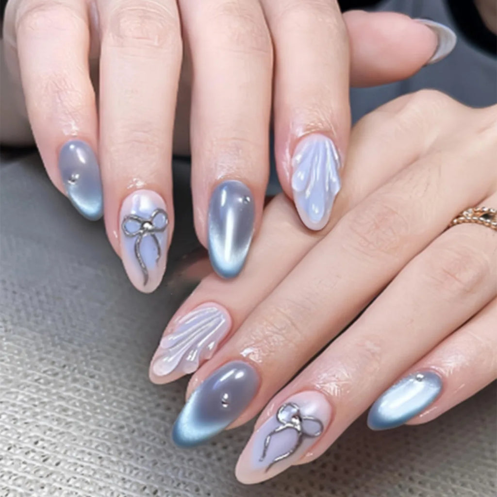 24pcs Wearable Press on Nails Sets Gradient Blue Long Almond False Nails Art with Bow Love Lines Design Fake Nail Tips Manicure