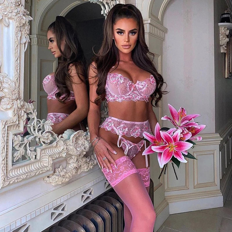 New Sexy Floral Embroidery Lingerie Panties 3PCS Set Erotic Lingerie Bra Underwear Set Transparent Lace Sensual