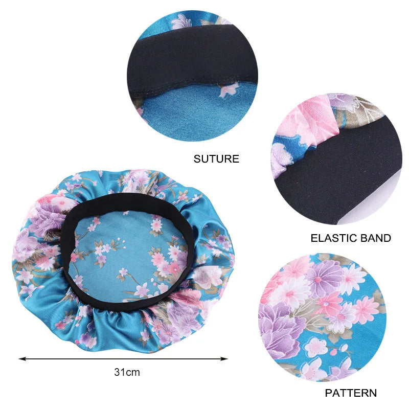 Women Satin Bonnet Elastic Wide Band Floral Printing Night Sleep Hat Hair Loss Head Wrap Chemo Hair Care Shower Makeup Cap
