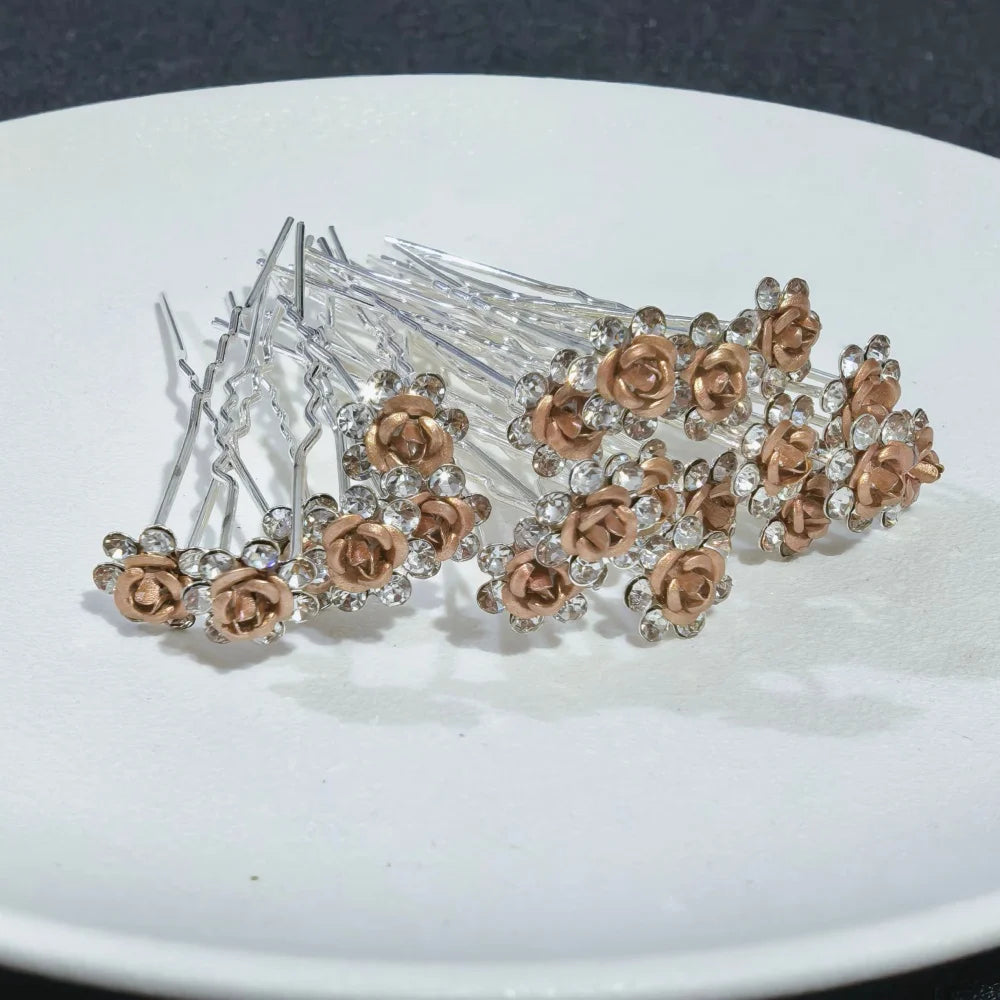 20PCS Rose Flower Rhinestone Hairpins Crystal Hair Clip Pins for Bridal Wedding Party Daily Wear Women Hair Accessories