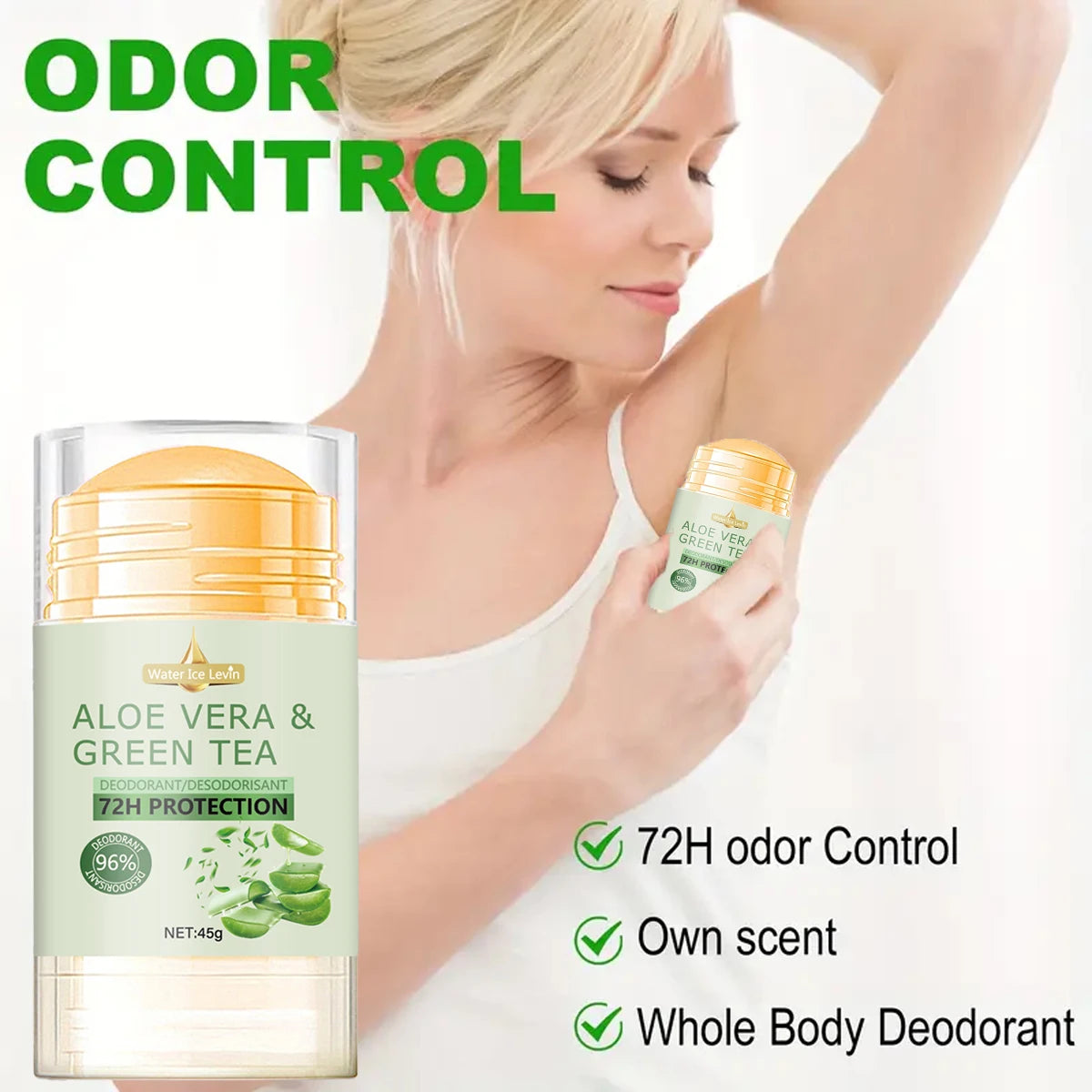 Water Ice Levin Deodorant with Aloe Vera & Green Tea 72H Protection & 96% Effectiveness for Gentle yet Powerful Care. 45g.