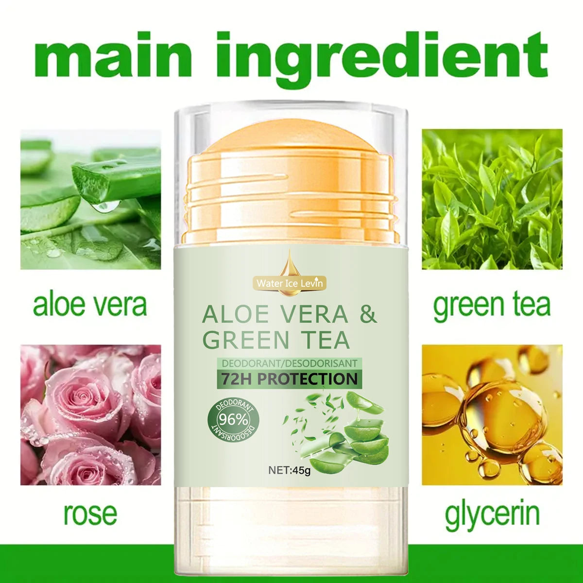 Water Ice Levin Deodorant with Aloe Vera & Green Tea 72H Protection & 96% Effectiveness for Gentle yet Powerful Care. 45g.